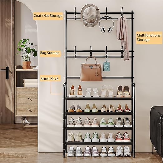 Modern Entryway Dustproof Shoes and Coat Rack with Hooks