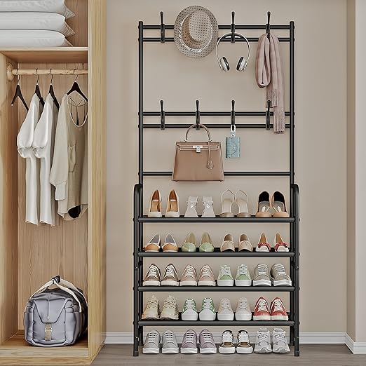 Modern Entryway Dustproof Shoes and Coat Rack with Hooks
