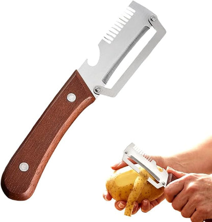 Multifunctional Vegetable Peeler for Kitchen, 2026 New 2 in 1 Stainless Steel Blade with Wooden Handle and Bottle Opener